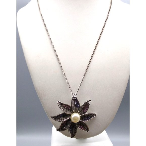 Vintage Premier Designs Pave Crystal  Flower with Pearl Center, Pendant Brooch - Picture 1 of 5